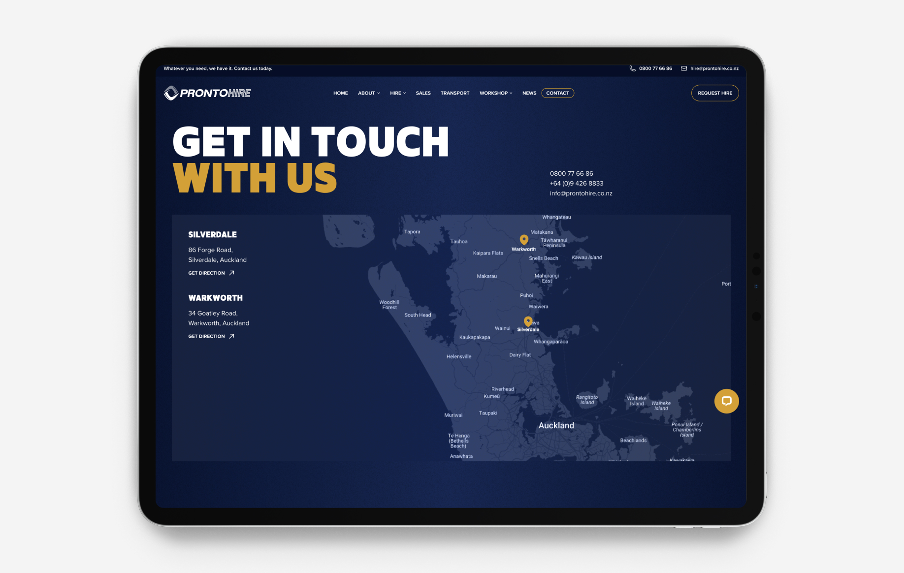pronto hire get in touch screen
