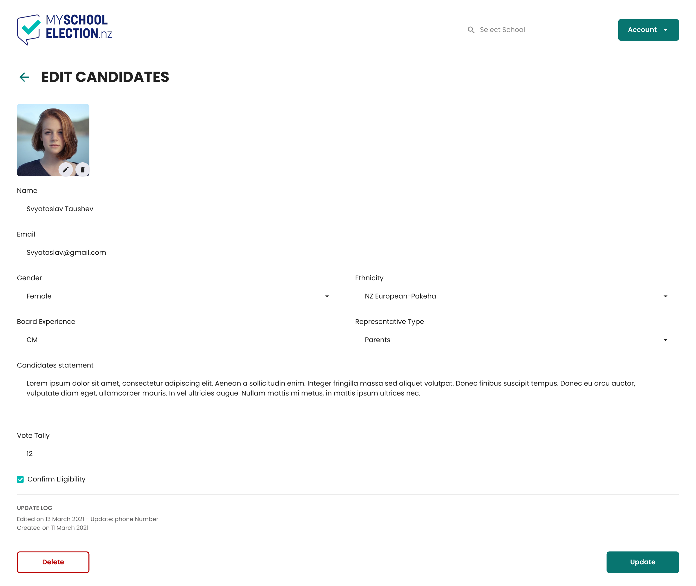 my school election Prifile page